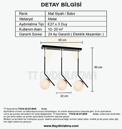 TT019-3S-SY-BKR TT Aydınlatma Mat Siyah-Bakır 3 lü Dirsek Kol Sıralı Avize