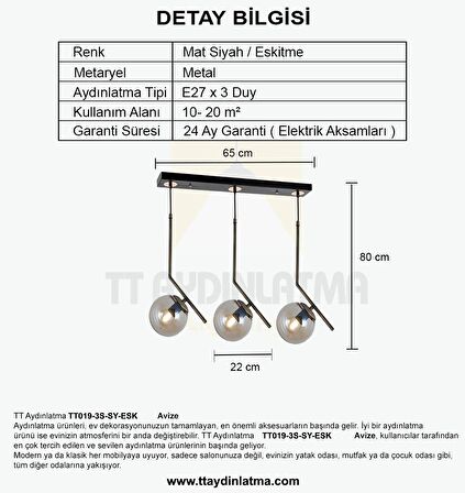 TT019-3S-SY-ESK TT Aydınlatma Mat Siyah-Eskitme 3 lü Dirsek Kol Sıralı Avize