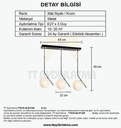 TT019-3S-SY-KR TT Aydınlatma Mat Siyah-Krom 3 lü Dirsek Kol Sıralı Avize