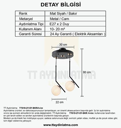 TT019-2Y-SY-BKR TT Aydınlatma Mat Siyah - Bakır 2 li Dirsek Kol Avize