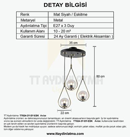 TT024-3Y-SY-ESK TT Aydınlatma Mat Siyah-Eskitme 3 lü Yuvarlak Avize