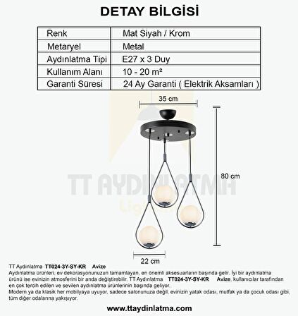 TT024-3Y-SY-KR TT Aydınlatma Mat Siyah-Krom 3 lü Yuvarlak Avize