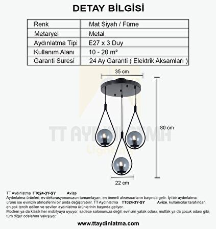 TT024-3Y-SY TT Aydınlatma Mat Siyah 3 lü Yuvarlak Avize
