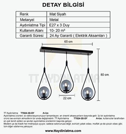 TT024-3S-SY TT Aydınlatma Mat Siyah 3 lü Sıralı Avize