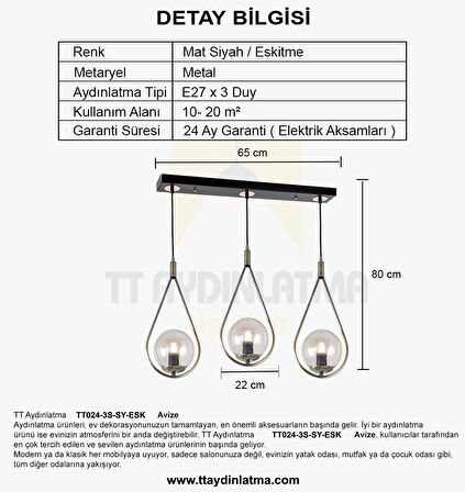 TT024-3S-SY-ESK TT Aydınlatma Mat Siyah-Eskitme 3 lü Sıralı Avize