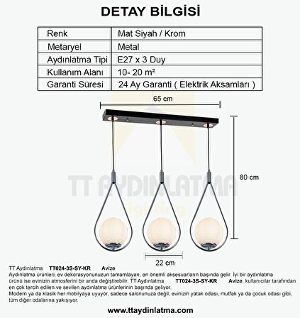TT024-3S-SY-KR TT Aydınlatma Mat Siyah-Krom 3 lü Sıralı Avize