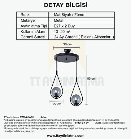 TT024-2Y-SY TT Aydınlatma Mat Siyah 2 li Yuvarlak Avize