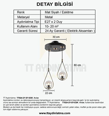 TT024-2Y-SY-ESK TT Aydınlatma Mat Siyah-Eskitme 2 li Yuvarlak Avize