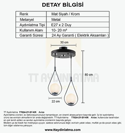 TT024-2Y-SY-KR TT Aydınlatma Mat Siyah-Krom 2 li Yuvarlak Avize