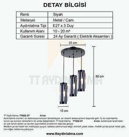 TT022-3Y TT Aydınlatma Siyah 3 lü Yuvarlak Avize