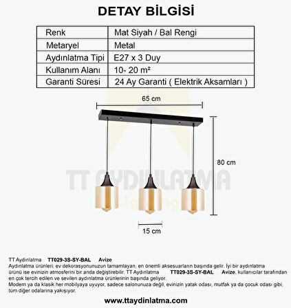 TT029-3S-SY-BAL  TT Aydınlatma Mat Siyah - Bal 3 lü Sıralı Avize