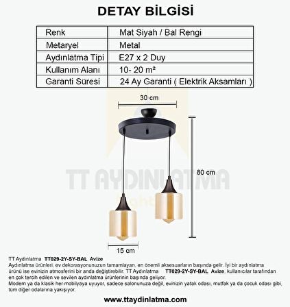 TT029-2Y-SY-BAL  TT Aydınlatma Mat Siyah - Bal 2 li Yuvarlak Avize