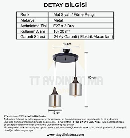 TT029-2Y-SY-FÜME TT Aydınlatma Mat Siyah - Füme 2 li Yuvarlak Avize