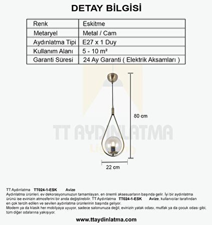 TT024-1-ESK TT Aydınlatma Eskitme Tekli Avize