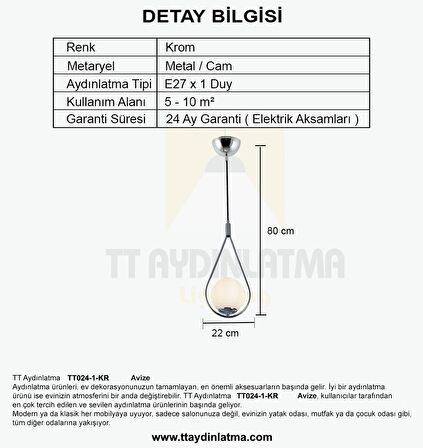TT024-1-KR TT Aydınlatma Krom Tekli Avize