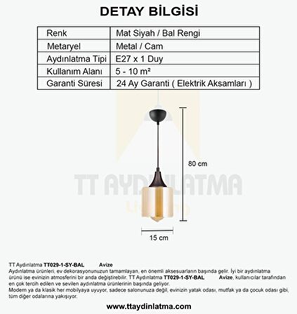 TT029-1-SY-BAL  TT Aydınlatma Mat Siyah - Bal Tekli Avize