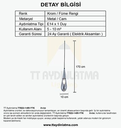 TT023-1-KR-YTK TT Aydınlatma Damla Modeli Krom Yatak Başlık Avize
