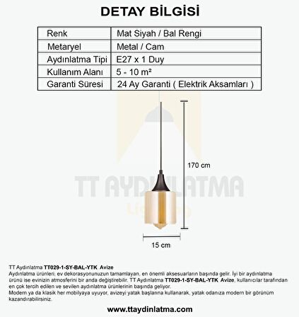 TT029-1-SY-BAL-YTK  TT Aydınlatma Mat Siyah - Bal Yatak Başlık Avize