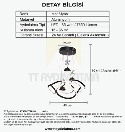 TT307-3TPL-SY TT Aydınlatma Helezon Modeli Mat Siyah 3 Toplu 3 Renk Modüllü Ledli Avize
