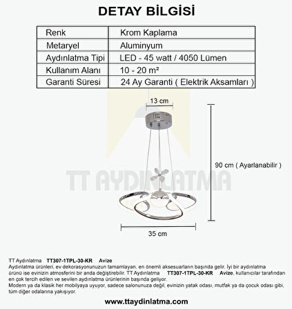 TT307-1TPL-30-KR TT Aydınlatma Helezon Modeli Krom Kaplama Tek Toplu 3 Renk Modüllü Ledli Avize