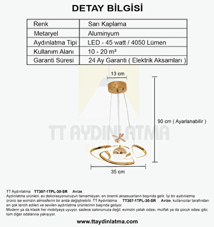 TT307-1TPL-30-SR TT Aydınlatma Helezon Modeli Sarı Kaplama Tek Toplu 3 Renk Modüllü Ledli Avize