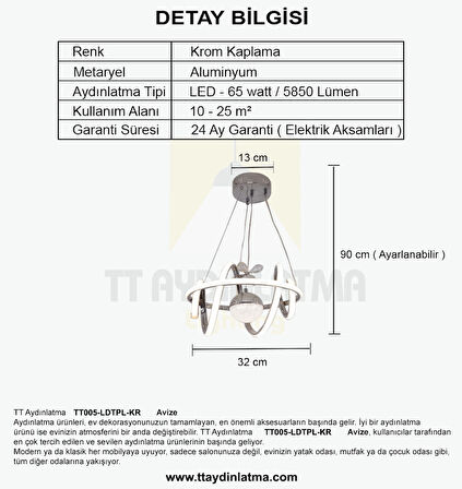 TT005-LDTPL-KR TT Aydınlatma Burgu Modeli Krom Kaplama Ledli Toplu 3 Renk Modüllü Ledli Avize