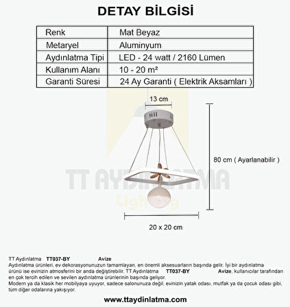 TT037-BY TT Aydınlatma Kare Model Mat Beyaz Tek Toplu 3 Renk Modüllü Ledli Avize