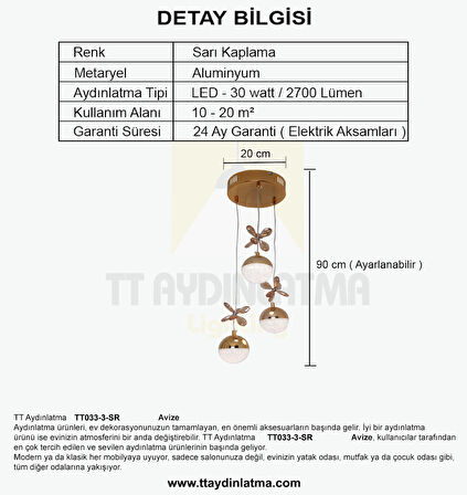 TT033-3-SR TT Aydınlatma Kelebek Toplu Model Sarı Kaplama 3 lü 3 Renk Modüllü Ledli Avize