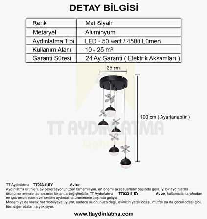 TT033-5-SY TT Aydınlatma Kelebek Toplu Model Mat Siyah 5 li 3 Renk Modüllü Ledli Avize