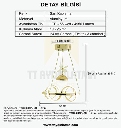 TT003-LDTPL-SR TT Aydınlatma Sarmal Modeli Sarı Kaplama Ledli Toplu 3 Renk Modüllü Ledli Avize