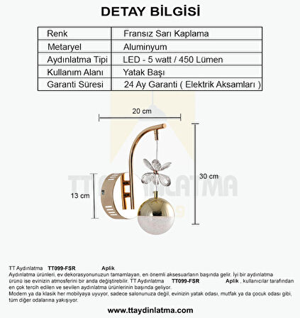 TT099-FSR TT Aydınlatma Toplu Taşlı Fransız Sarı Kaplama 3 Renk Modüllü Ledli Aplik