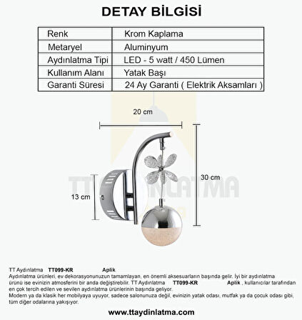 TT099-KR TT Aydınlatma Toplu Taşlı Krom Kaplama 3 Renk Modüllü Ledli Aplik