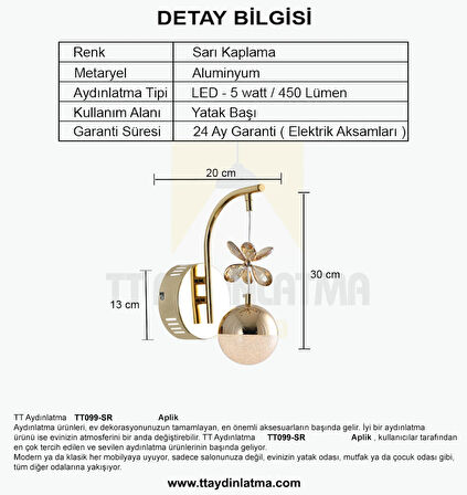 TT099-SR TT Aydınlatma Toplu Taşlı Sarı Kaplama 3 Renk Modüllü Ledli Aplik