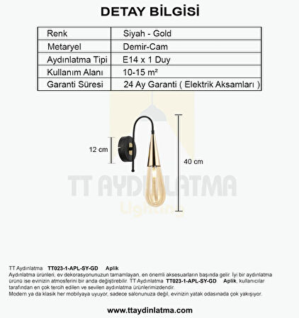 TT023-1-APL-SY-GD TT Aydınlatma Damla Modeli Gold - Siyah Tekli Aplik