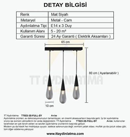 TT023-3S-FULL-SY TT Aydınlatma Mat Siyah 3 lü Damla Modeli Sıralı Avize