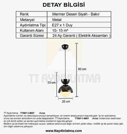 TT007-1-MSY TT Aydınlatma Mermer Desen Tekli Siyah Lüks Avize