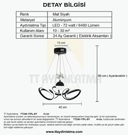TT330-1TPL-SY TT Aydınlatma Zambak Modeli Mat Siyah Tek Toplu 3 Renk Modüllü Ledli Avize