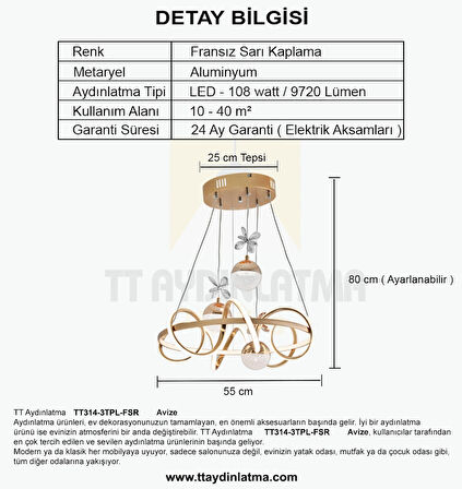 TT314-3TPL-FSR TT Aydınlatma ( 3 Renk Işık Modüllü ) Büyük Sarmal Modeli Fransız Sarı Kaplama Led Avize