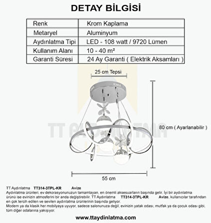 TT314-3TPL-KR TT Aydınlatma ( 3 Renk Işık Modüllü ) Büyük Sarmal Modeli Krom Kaplama Led Avize