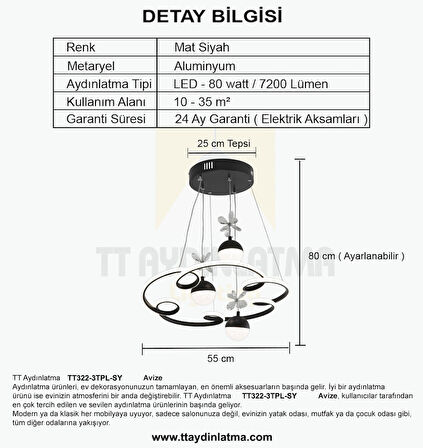 TT322-3TPL-SY TT Aydınlatma Bulut Modeli Mat Siyah 3 Toplu 3 Renk Modüllü Ledli Avize