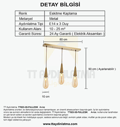 TT023-3S-FULLESK TT Aydınlatma Eskitme Kaplama 3 lü Damla Modeli Sıralı Avize