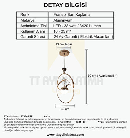 TT334-TPL-FSR TT Aydınlatma Badem Modeli Fransız Sarı Kaplama Tek Toplu 3 Renk Modüllü Ledli Avize