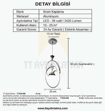 TT334-TPL-KR TT Aydınlatma Badem Modeli Krom Kaplama Tek Toplu 3 Renk Modüllü Ledli Avize