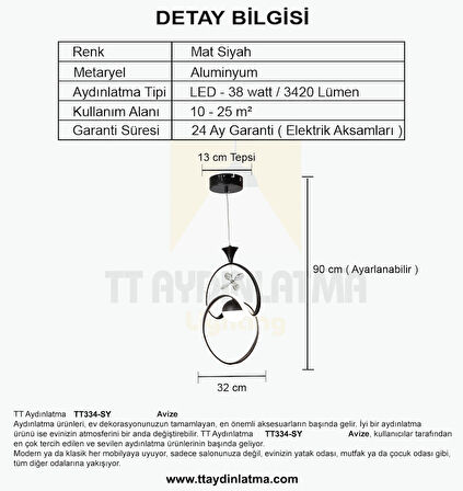 TT334-TPL-SY TT Aydınlatma Badem Modeli Mat Siyah Tek Toplu 3 Renk Modüllü Ledli Avize