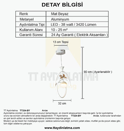 TT334-TPL-BY TT Aydınlatma Badem Modeli Mat Beyaz Tek Toplu 3 Renk Modüllü Ledli Avize