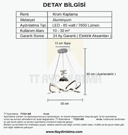 TT331-TPL-KR TT Aydınlatma Krom Kaplama Tek Toplu 3 Renk Modüllü Ledli Avize