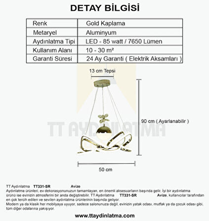 TT331-TPL-SR TT Aydınlatma Gold Kaplama Tek Toplu 3 Renk Modüllü Ledli Avize