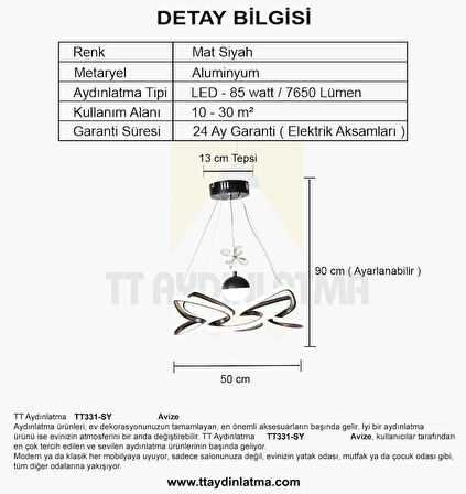 TT331-TPL-SY TT Aydınlatma Mat Siyah Tek Toplu 3 Renk Modüllü Ledli Avize