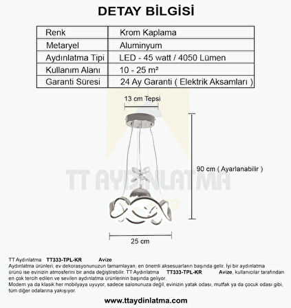 TT333-1TPL-KR TT Aydınlatma Dalgalı Model Krom Kaplama Tek Toplu 3 Renk Modüllü Ledli Avize