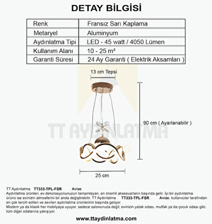 TT333-1TPL-FSR TT Aydınlatma Dalgalı Model Fransız Sarı Kaplama Tek Toplu 3 Renk Modüllü Ledli Avize